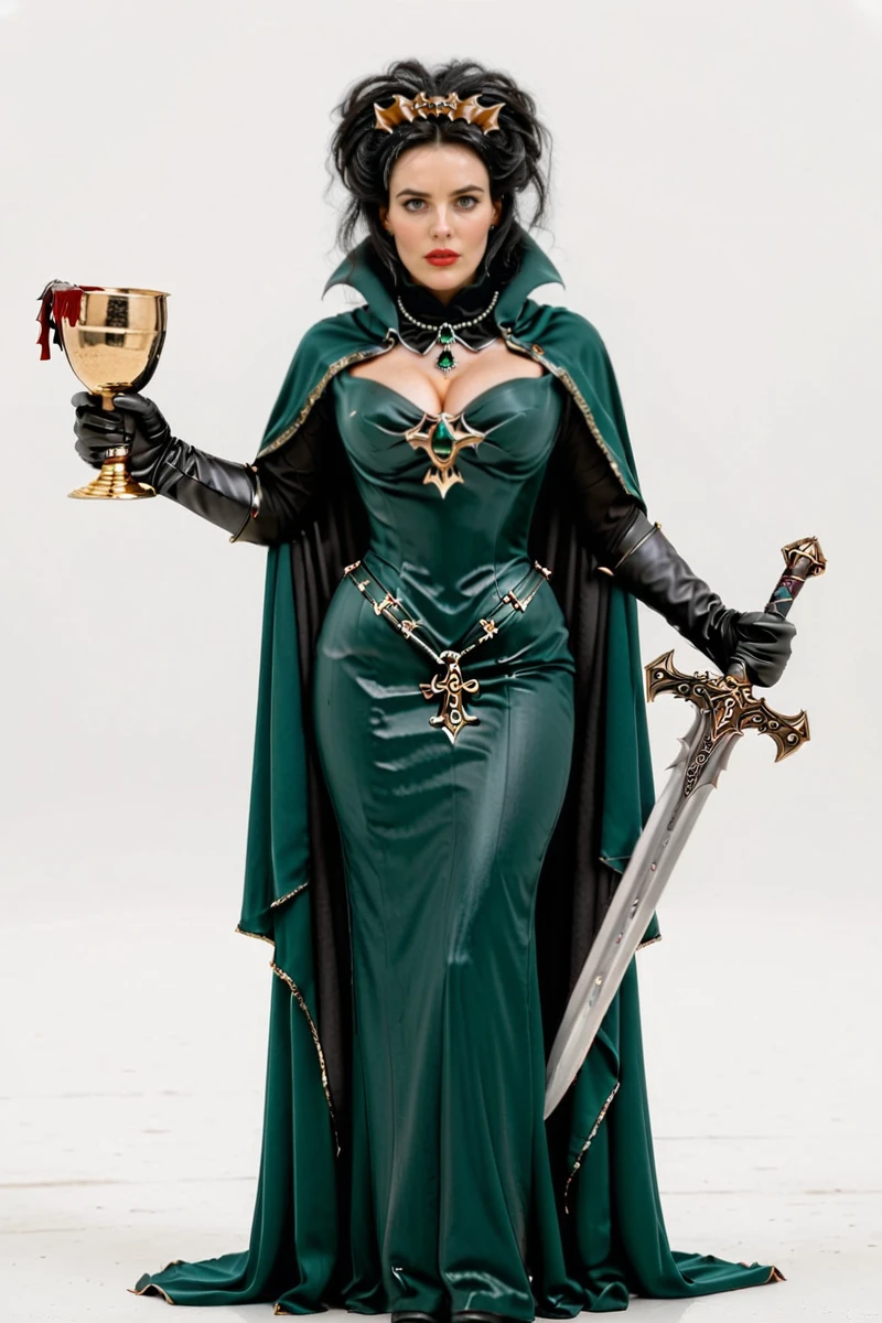 hires digital photo, photorealism, simple white background, full body, looking away to the side, 1s3b3ll4_v0nc4rst31n, holding a golden goblet in one hand and a sword in another, red wine spilling from the chalice, wearing high collar cloaked green dress and bat hairpin <lora:von_carsteins_xl:1> , intricate details, high resolution,, gigantic saggy tits, huge areolas, slim waist, huge hips, huge ass, huge thighs