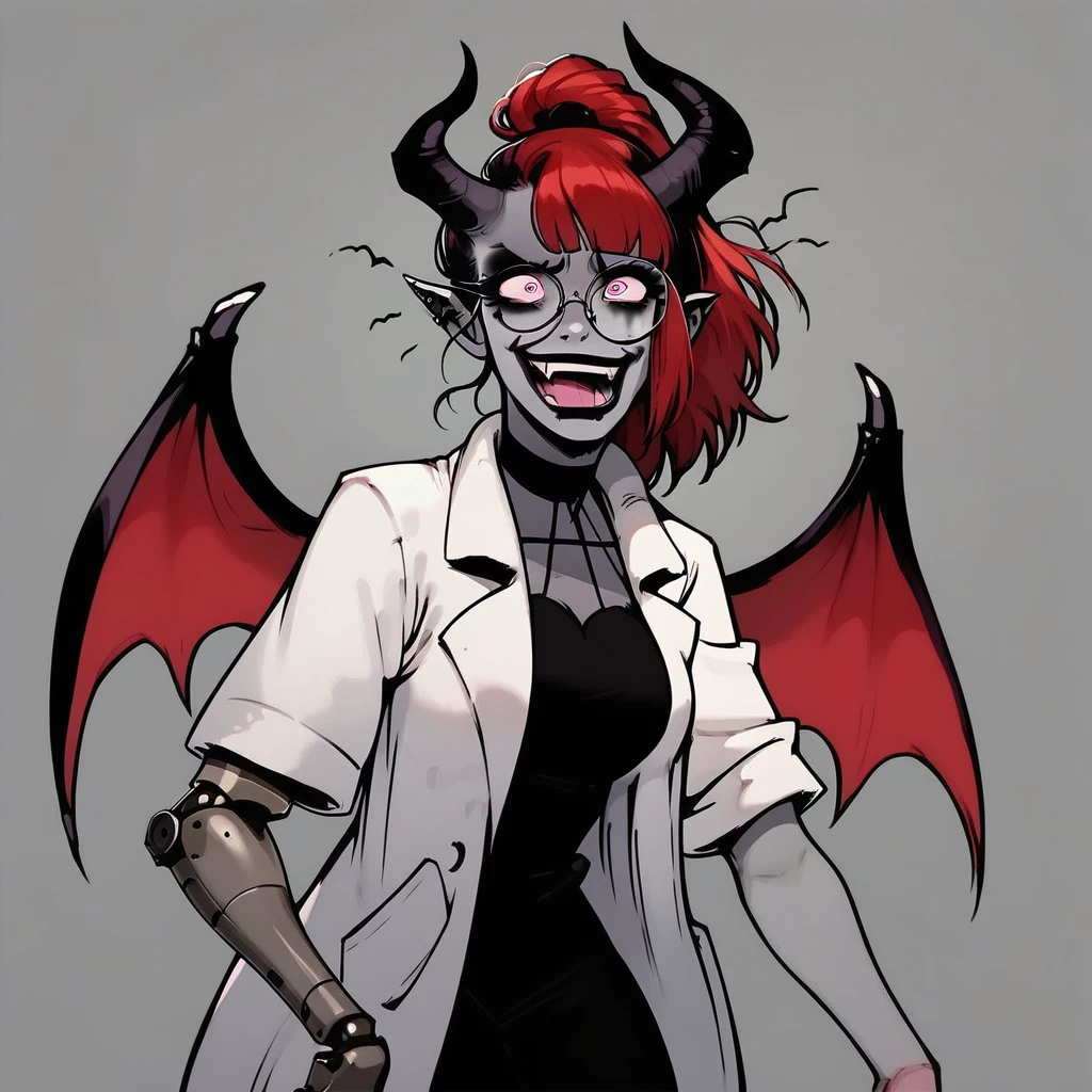 score_9, score_8_up, score_7_up, <lora:ShitpostSuccubusV2:1> SophraxiaHornyscientistV2, ExpressiveSUCC1, succubus, 1 girl, grey skin, goth, goth girl, goth makeup, grey colored skin, red hair, demon girl, horns, wings, bat wings, demon wings, red wings, lab coat, coat, single mechanical arm, glasses, round glasses, ponytail, high taied ponytail, side bangs, Oneprostethicarm, pink eyes,, amputee, prosthesis, prosthetic arm, medium breasts, pointy ears, expressive, exaggerated expression,