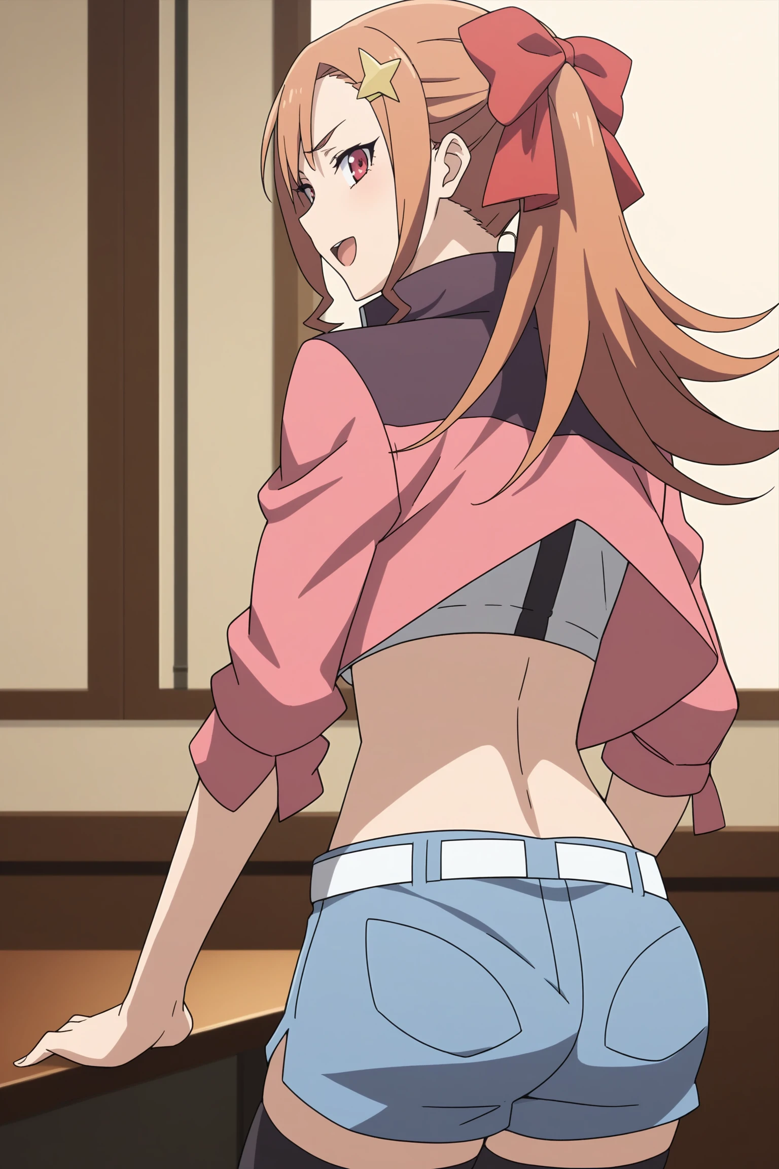 masterpiece, anime screencap, 1girl, solo, orange hair, twin braids, green eyes, school swimsuit, seen from behind, ass, butt, indoors, changing room, full body, cowboy shot <lora:wendy Garret:0.8>