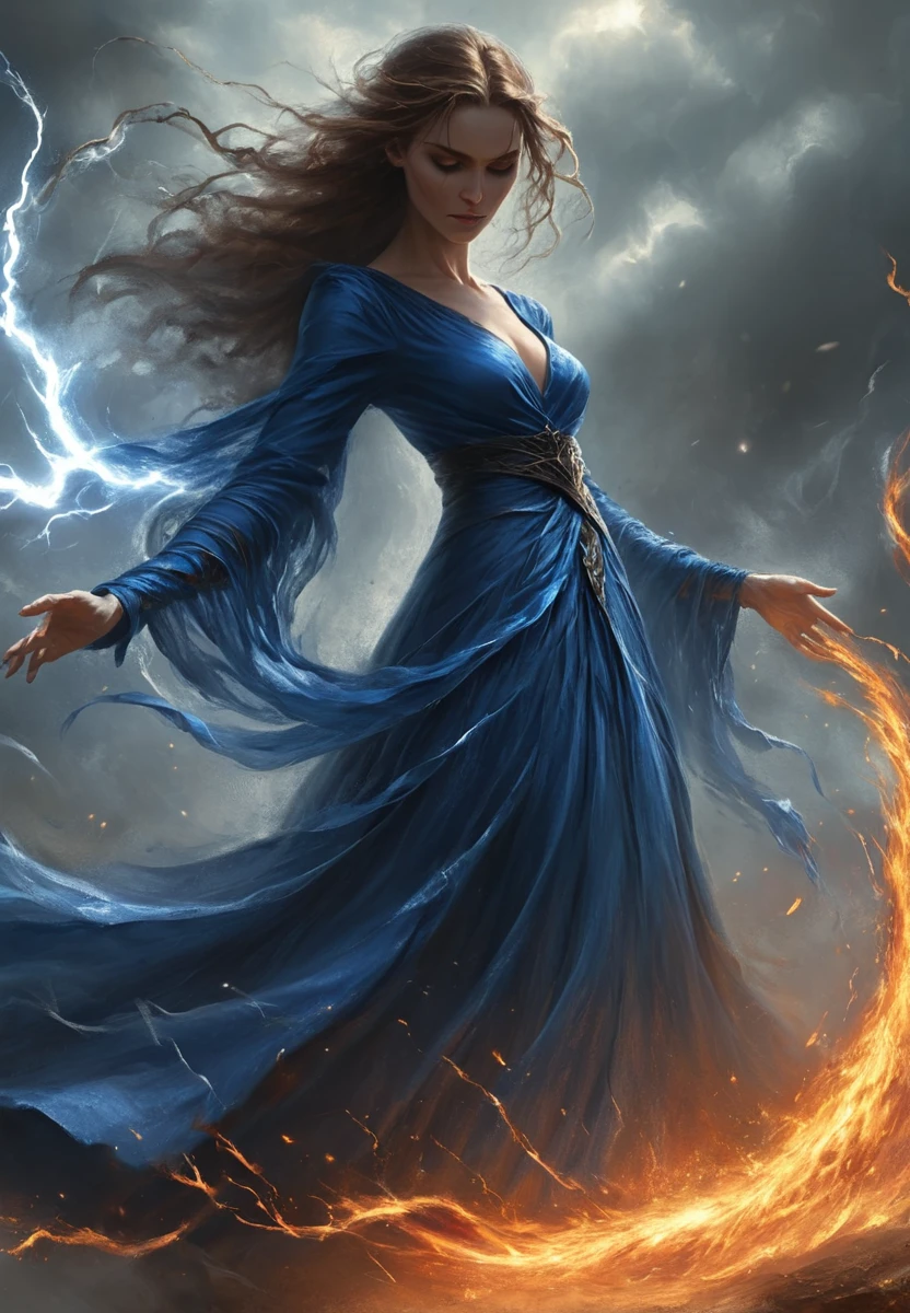 Moiraine Damodred, her blue silk dress flowing in the wind, stands before the Eye of the World, weaving threads of spirit, air, and fire to strike down the shadowspawn approaching her, her face serene as her power lashes out like lightning. <lora:artfullyWOT1PWR:1>, artwot1pwr,