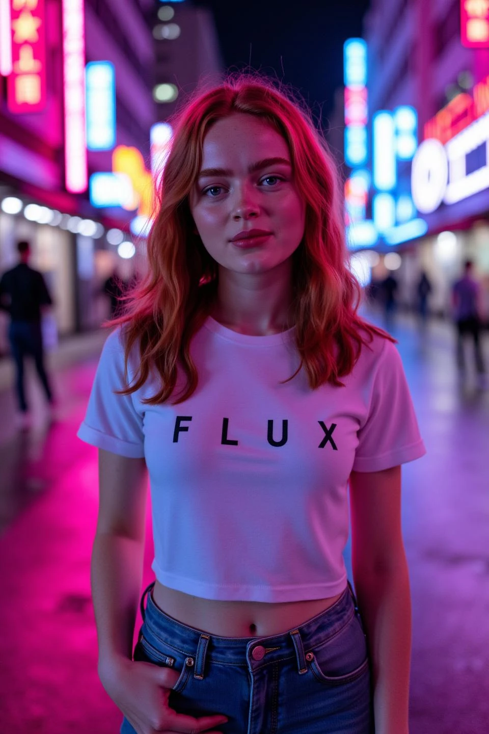 A visually striking close up photograph of Sadie Sink standing in the middle of a city street at night, 
surrounded by the vibrant glow of neon signs. The atmosphere is electric, with neon pink and blue lighting casting 
colorful reflections across the scene, giving the environment a dynamic and almost futuristic feel. The lights bounce 
off the wet pavement, creating a vibrant backdrop that enhances the urban night setting.  She is wearing a tight 
fitted white short sleeve t-shirt that emphasizes her figure and a jeans with one hand in her pocket, adding a casual 
yet stylish touch to her outfit. The shirt features the word "Flux" written across the chest in medium black font, 
The simplicity of the t-shirt contrasts with the complexity of the neon-lit surroundings, drawing attention to both 
Sadie and the message on her shirt.  Her hair is styled naturally, perhaps in loose waves or a sleek style, 
allowing the neon lights to highlight subtle tones in her hair. Her makeup is minimal but effective, with perhaps a 
soft glow on her skin and a hint of color that stands out under the neon lights. Her expression is calm and 
self-assured, with a slight hint of curiosity or determination as she gazes into the distance or directly at the 
camera.  The background is filled with urban elements like neon signs, shop fronts, and perhaps distant silhouettes 
of people, adding depth and context to the scene. The neon lights in pink and blue provide a striking contrast 
against the dark night, making the colors pop and adding an almost cinematic quality to the photograph.  her pose is 
relaxed yet confident, perhaps with one hand casually resting at her side or in a pocket, and her stance slightly 
angled to show off the shirt. The overall composition focuses on her within the vibrant city setting, making her 
stand out while also integrating her into the lively atmosphere of the street.  The overall mood of the photograph is 
modern, edgy, and vibrant, capturing Sadie in a moment that blends casual fashion with the dynamic energy of the 
neon-lit city night. The combination of her outfit, the bold "FLUX" text, and the colorful urban environment creates 
a visually captivating and memorable image.