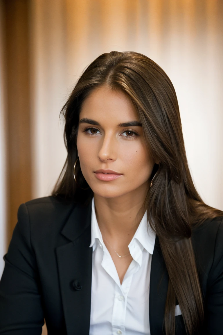 photo of n3ssadev1l, long hair, brown hair, brown eyes, Blazer at Business Meeting, <lora:n3ssadev1l:1>