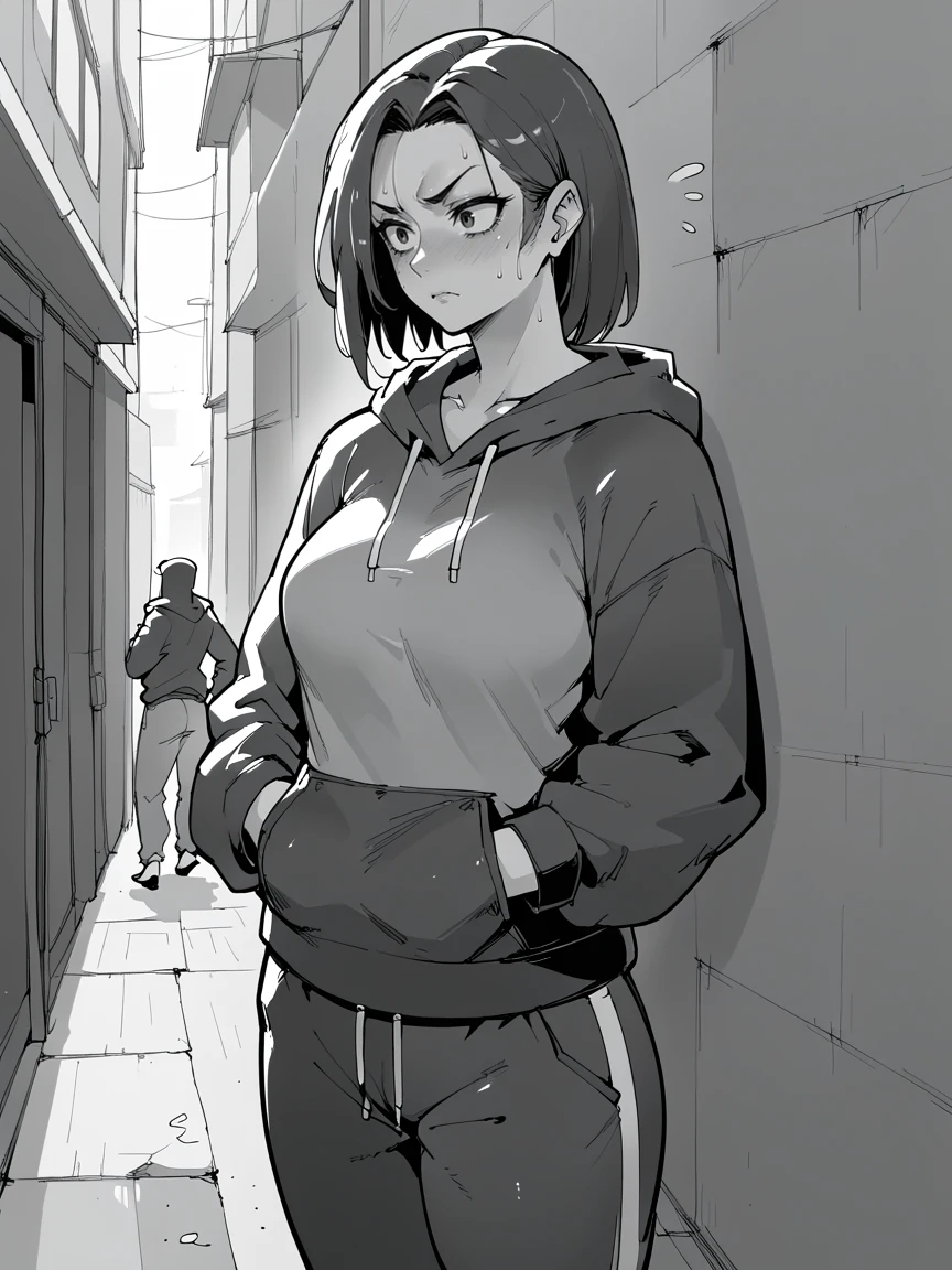 masterpiece, best quality, 1girl, slender body, choker in neck, full body, standing, flat chest, hooded sweatshirt, short pants,(aroused face, sweaty skin, wet clothes), trembling, grab breast, steam, sneaker