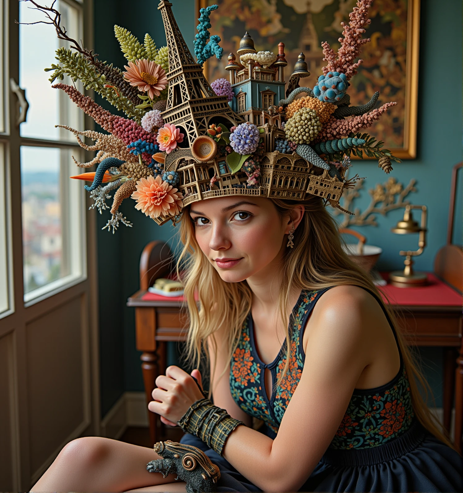 fantastical-headdress with Eiffel Tower,a beautiful French female sitting in the house of paris,