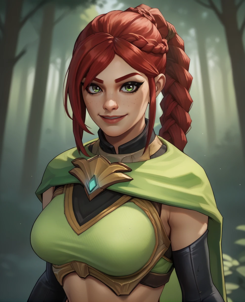 score_9,score_8_up,
Cassiexl,red hair,bangs,braided ponytail,green eyes,looking at viewer,
crop top,fingerless elbow gloves,short green cape,
standing,upper body,solo,smiling, 
outdoors,forest,
<lora:CassieXL:0.9>,