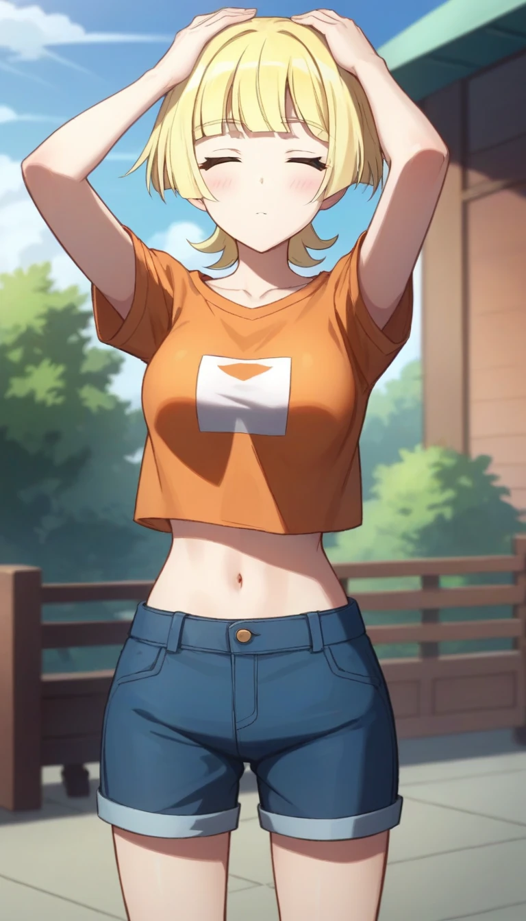 score_9,score_8_up,score_7_up,score_6_up BREAK official art,solo,outdoors,cowboy shot,looking at viewer,facing viewer,blush,expressionless,standing,Emma Hanes,blonde hair,short hair,blunt bangs,closed eyes,collarbone,crop top overhang,cropped shirt,t-shirt,orange shirt,short sleeves,medium breasts,navel,seiza,hands on own head,blue shorts,short shorts,white socks,sneakers,<lora:Emma Hanes(dgg)-Pony:1.4>,