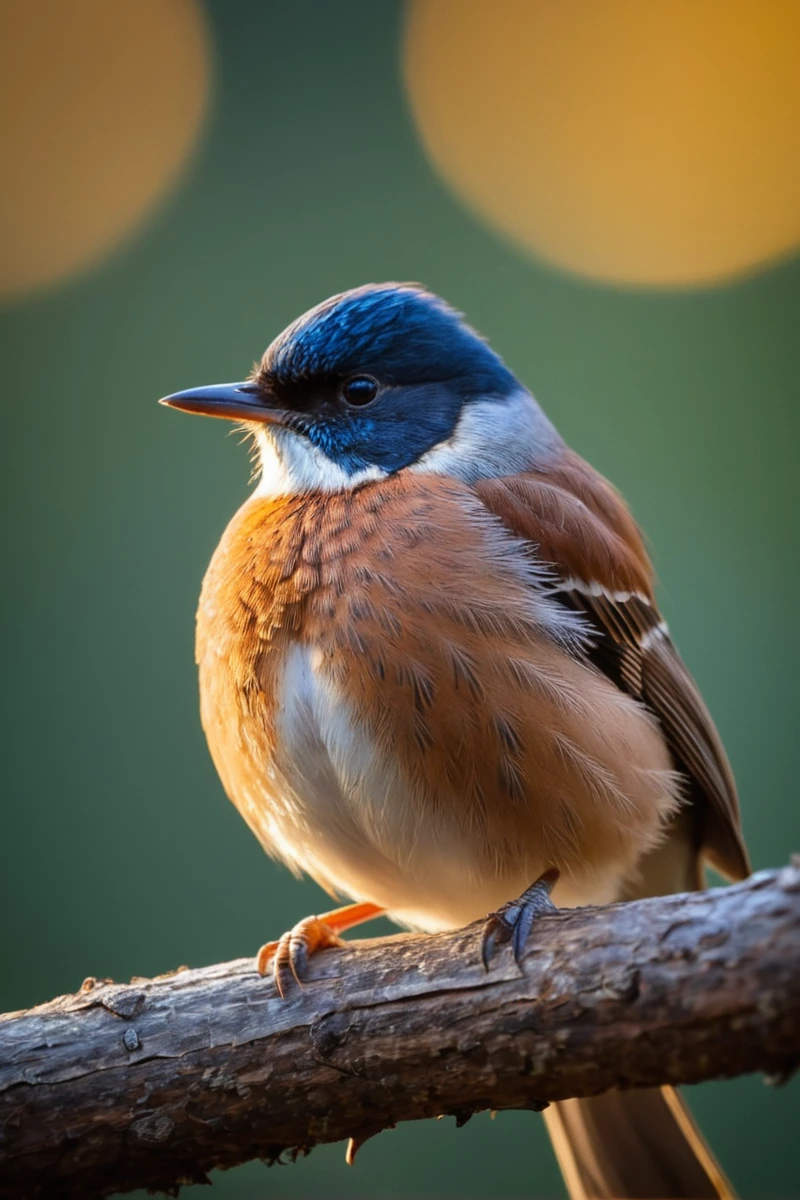 A mesmerizing close-up portrait of a gorgeous little bird illuminated by the soft, golden light of a tranquil morning, with vibrant bokeh balls gently framing its delicate form. The image is rendered in sharp detail, capturing every feather and intricate feature of the bird with stunning clarity. Soft, diffused lighting enhances the warmth and radiance of its plumage, while the high-quality bokeh adds a touch of magic to the scene. Multiple image exposures are expertly combined to emphasize the bird's vibrant colors and captivating gaze. This stunning image is rendered in insanely high resolution, realistic, 8k, HD, HDR, XDR, focus + sharpen + wide-angle 8K resolution + HDR10 Ken Burns effect + Adobe Lightroom + rule-of-thirds + high-detailed bark. Canon EOS 5D Mark III, 1/160s, f/8, ISO 100. The resulting image is a masterpiece of nature photography, with lifelike colors and exquisite details that evoke a sense of tranquil beauty. (tranquil yet evocative:1.2) 
shimmering digital colors, mixed media, textured paper, overlapping, asymmetrical, abstract, vibrant
many details, extreme detailed, full of details,
Wide range of colors.
Many details everywhere. soft shadows. Low saturation colors. Insane quality. Insane resolution. Insane details. Masterpiece. 32k resolution.
Dramatic,Dynamic,Cinematic,Sharp details