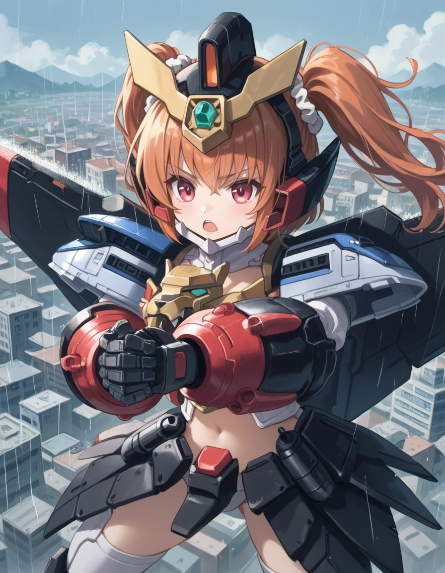 (score_9:0.9),score_8_up,score_7_up,rating_safe,(zPDXL3),(zPDXL),anime_style,
<lora:GaoGaiGar girl ponyXL v1:0.75>,
gaogaigar,1girl,mecha musume,solo,navel,open mouth,midriff,personification,hair scrunchie,black thrusters,((own hands together)),full armor,doll joints,gold breast armor,white shoulder armor,white thighhighs,white panties,black armored skirt,black headgear,black mechanical gloves,v-fin,fighting stance,rain,cityscape,giantess,serious,giantess,facing viewer,front,skyscraper,