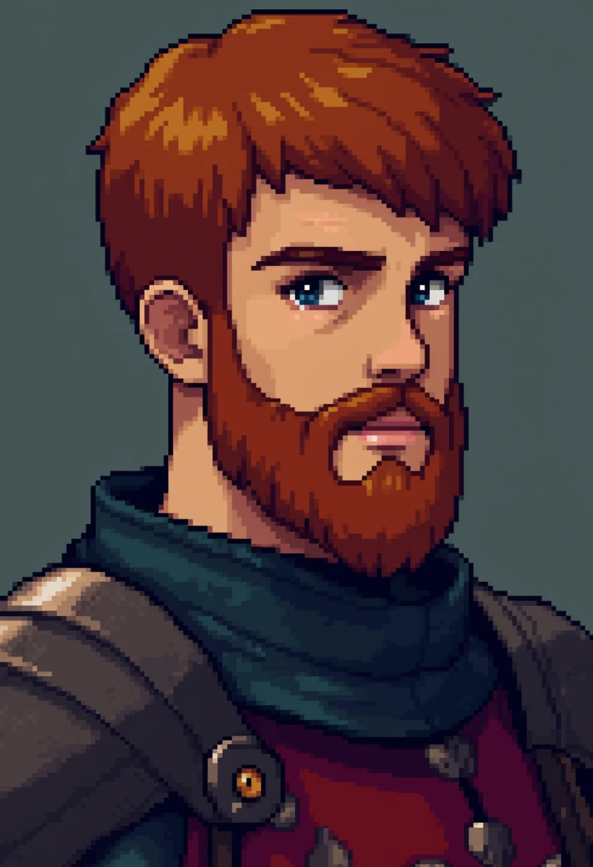 pixel art upper body portrait of a medieval knight with short auburn hair and a short beard