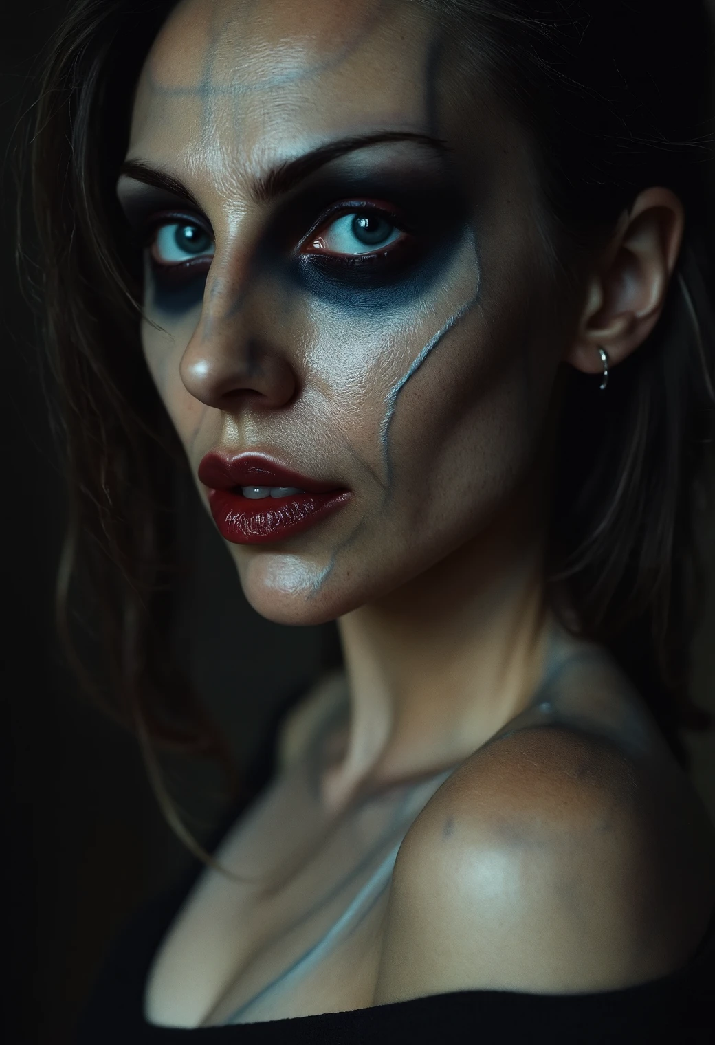 Fashion shoot photo of a stunning model, halloween themed, she has crpvns skin, bulging veins are visible through the translucence of her skin, seductive, subdermal Rayleigh scattering, macabre beauty, amazing composition, stunning professional lighting, 105mm 