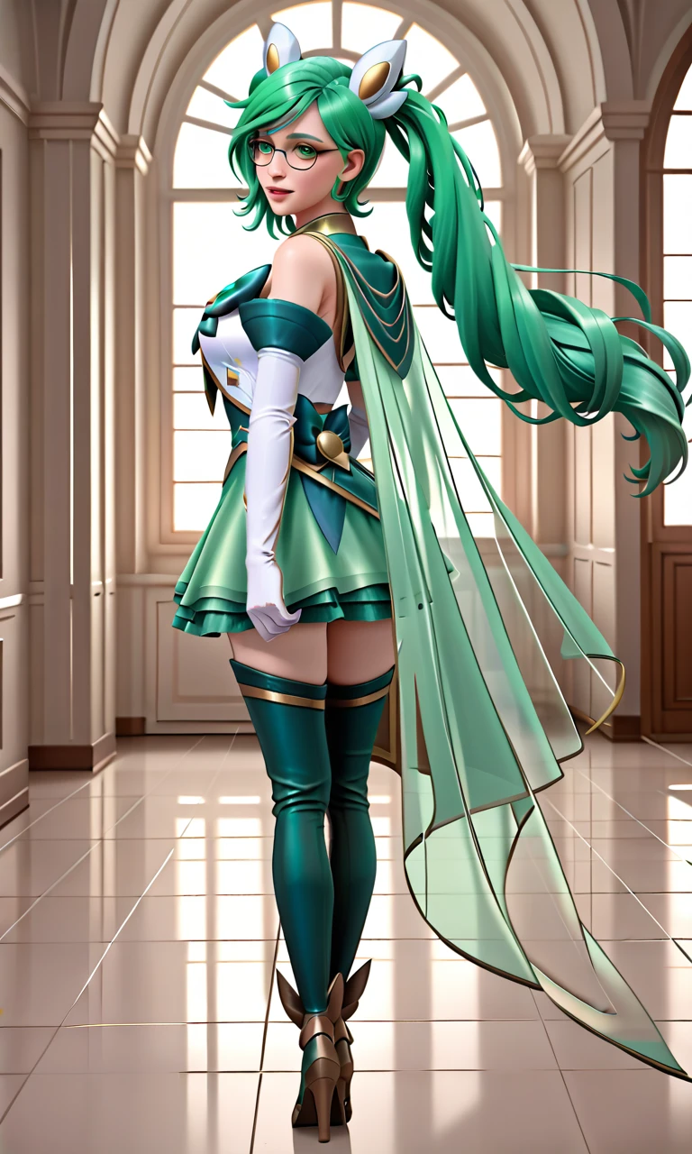 score_9, score_8_up, score_7_up, (1girl), (absurdres, ,highres), (masterpiece, best quality), (perfect details, highest detailed, extreme detailed),
 <lora:SGSonaSDXL:1>, (star guardian sona, thighhighs, green hair, green eyes, long hair,  twintails, (elbow gloves:1.5), hair ornament,  skirt, detached sleeves, glasses, green bow, boots, full body, (translucent cape:1.5), (twin cape:1.5)), 
 from behind, indoors, looking at viewer