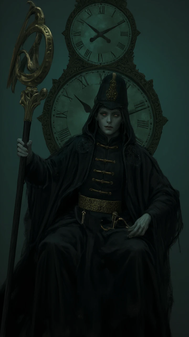 The figure of Death is dressed in a black traditional uniform hooded cloak and holds a large staff. She sits on a large clock similar to the dial of an antique wall clock, which shows 12 o'clock. There are many other clocks around. The figure of Death is depicted in a dark and sinister way, creating an atmosphere of mystery and the inevitability of time. The clock is suspended vertically, and the pendulum swings downward, creating a sense of movement and the passage of time. The overall style of the image is simplicity and contrast, using an emerald-ochre palette to emphasize the drama of the scene.<lora:flux1-D\flux.1_lora_flyway_Epic-Characters_v1.safetensors:0.85:0.85> <lora:flux1-D\FantasyWizardWitchesFlux:1.0> <lora:flux1-D\FluxGhost-000001:1.0> <lora:flux1-D\Monochrome_Monsters_Flux.safetensors:0.8:1.0> <lora:flux1-D\detailed_v2_flux_ntc.safetensors:0.7000000000000001:1.0>