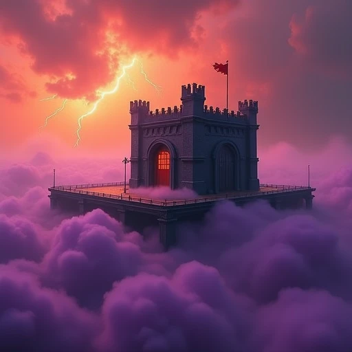 cpolldreamyfortress, cpolldfffitowd, floating fortress in the otherworld, otherworld, floating fortress, outdoor, orange sky, orange lightnings in sky, vivid purple mist, purple lightnings in vivid purple mist