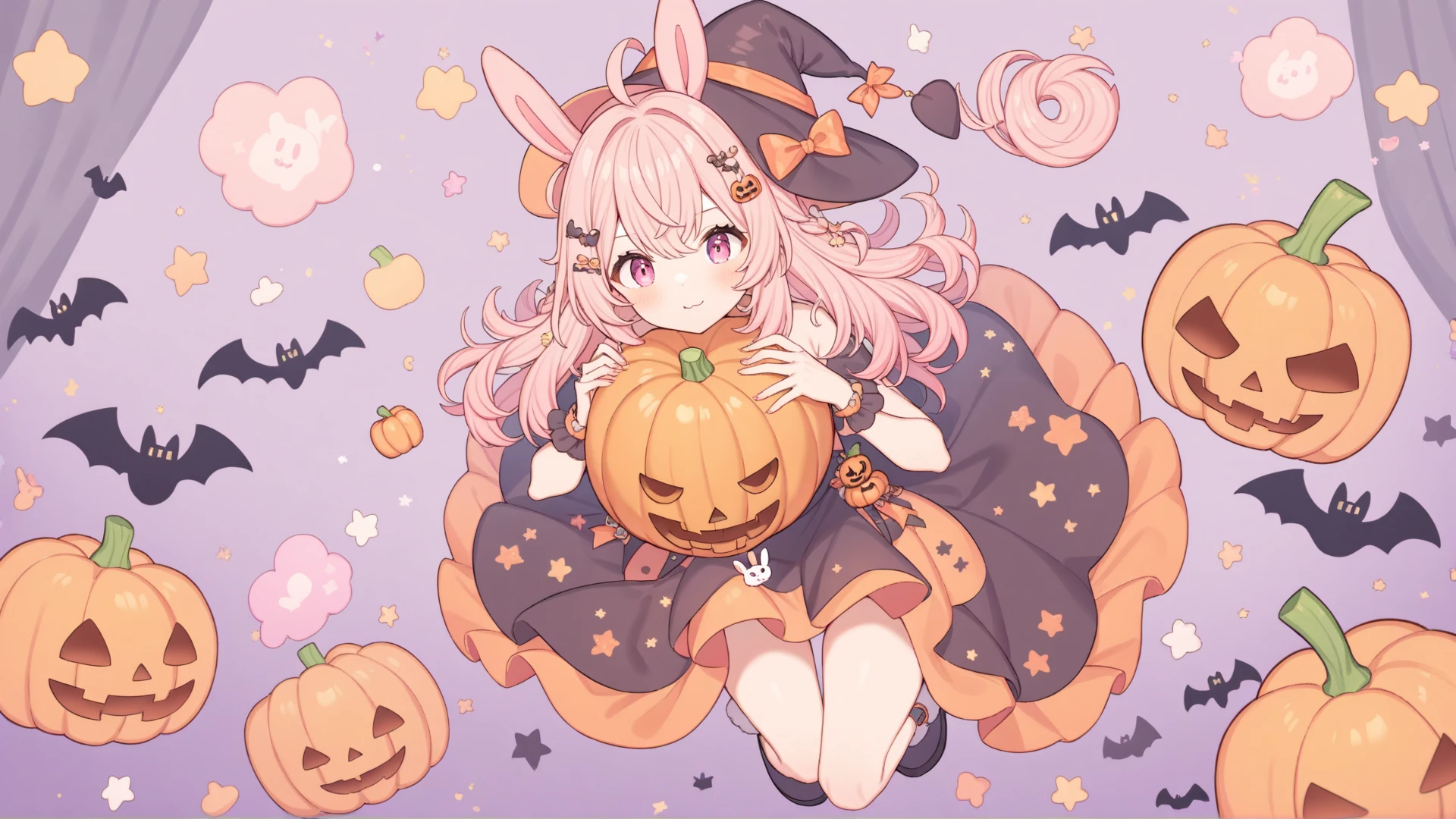 masterpiece, best quality, very aesthetic, absurdres, (((solo))),
 pippa, rabbit ears, bangs, virtual youtuber, pink hair, pink eyes, ahoge, looking at viewer, hair ornament, 
halloween, witch hat, full body, holding a pumpkin, 
 <lora:PIPPA-XLv2-t4-000003:0.6>