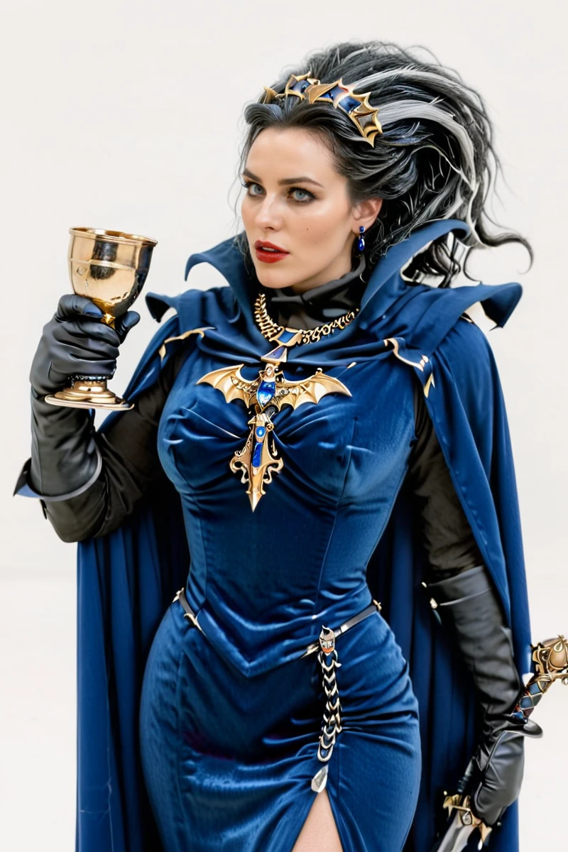 hires digital photo, photorealism, simple white background, full body, looking away to the side, 1s3b3ll4_v0nc4rst31n, holding a golden goblet in one hand and a sword in another, wearing high collar cloaked blue dress and bat hairpin <lora:von_carsteins_xl:1>, intricate details, high resolution,, gigantic saggy tits, huge areolas, slim waist, huge hips, huge ass, huge thighs