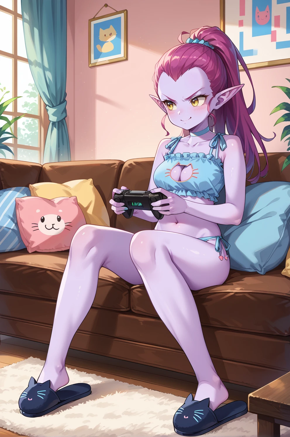 score_9, score_8_up, score_7_up,cocotte,1girl,solo,purple skin, purple hair, yellow eyes, ponytail,pointy ears, sitting, indoors, couch, holding gamepad, full body, looking ahead,on couch,black slippers,pastel blue cat lingerie,light blue cat panties, cleavage cutout,light blue choker, (from the side:0.6),focused, frown,smirk,  medium breasts,bare shoulders,pink room,<lora:CocottePony:1>