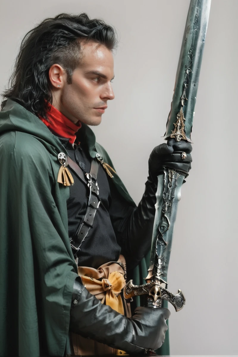 hires digital photo, photorealism, simple background, profile, looking away, medium distance shot, upper body, vl4d_v0nc4rst31n, 1boy, red high collar, green cloak, black shirt, yellow sash, holding sword, skull crossguard, one hand holding the blade, ring <lora:voncarsteinsPonyBF:1>, PonyXL_Scores, intricate details, high resolution,