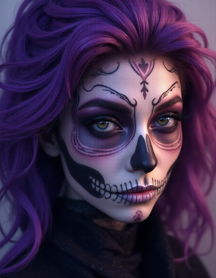 long shot scenic professional photograph of (masterpiece), 8k, very wide shot, volumetrics dtx, portrait, beautiful eyes, <lora:skullmakeup:1> skullmakeup, (dreadlocks:0.5) in a ponytail, (Violet head:1), vibrant colors, highly detailed, elegant and unique, gently swaying, mysterious and charming, realistic, details, very realistic, beautiful and vital,Ornate And Intricate, transparent, Photorealistic, Hyperrealistic, Hyperdetailed, analog style, soft lighting, subsurface scattering, realistic, heavy shadow, masterpiece, best quality, ultra realistic, 8k, golden ratio, Intricate, High Detail, film photography, soft focus, perfect viewpoint, highly detailed, wide-angle lens, hyper realistic, with dramatic sky, polarizing filter, natural lighting, vivid colors, everything in sharp focus, HDR, UHD, 64K