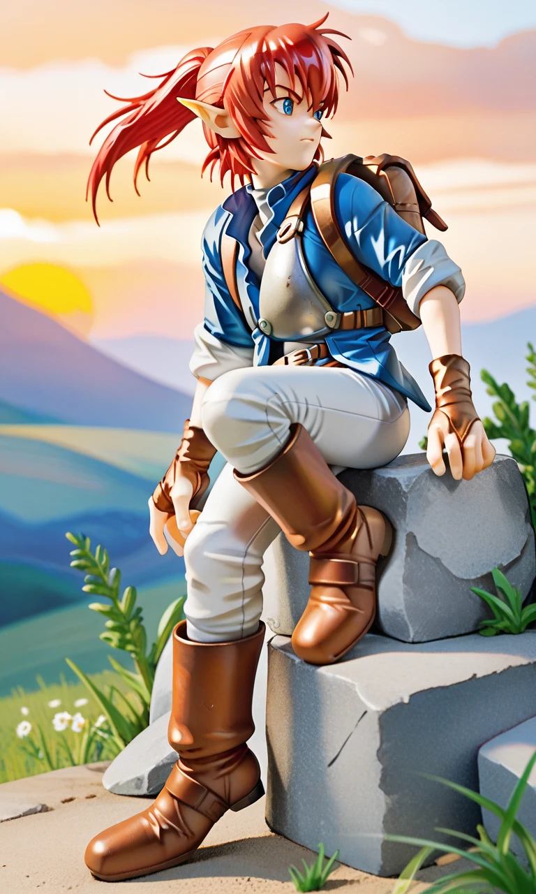 score_9, score_8_up, score_7_up,Alundra, red hair, short ponytail, bangs, pointy ears, blue eyes, blue jacket, white cuffs, gray undershirt, steel half-breastplate, fingerless gloves, backpack, leather belt, white pants, knee-high leather boots, grassland, sunset