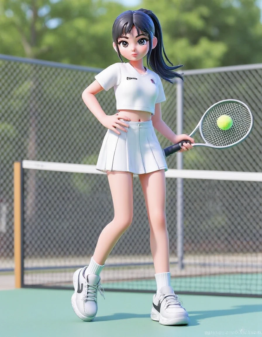 1girl, racket, tennis racket, tennis ball, solo, tennis uniform, ball, black hair, sportswear, sneakers, tree, chain-link fence, shoes, fence, outdoors, skirt, ponytail, realisticï¼<lora:fasion:0.8>