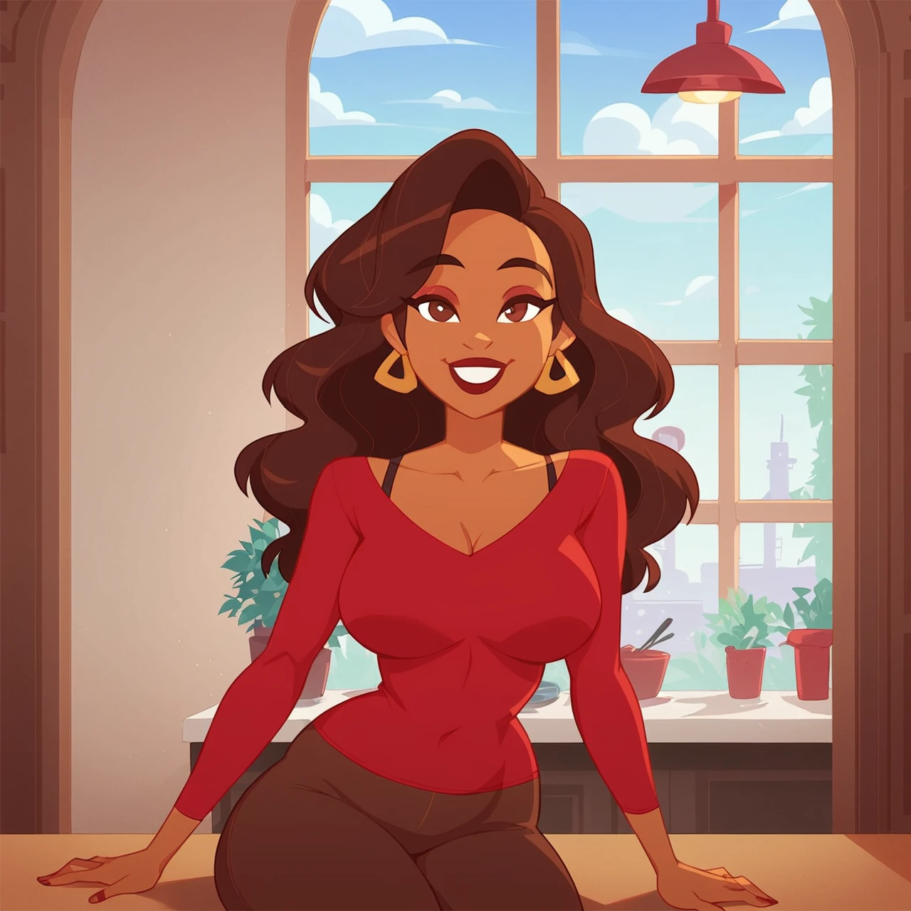 score_9, score_8_up, score_7_up, (doxy:0.6),BREAK,source_cartoon, 1girl, solo, detailed background, kitchen, sitting, looking at viewer, smiling, table, window, daytime, Sunset_Boulevardez, dark-skinned female, dark skin, earrings, jewelry, wide hips, large ass, large breasts, red shirt, brown pants, brown hair, long hair, brown eyes, makeup<lora:add-detail-xl:1>  <lora:princess_xl_v2:1> <lora:Expressive_H:0.7> <lora:Sunset_Boulevardez:0.8>