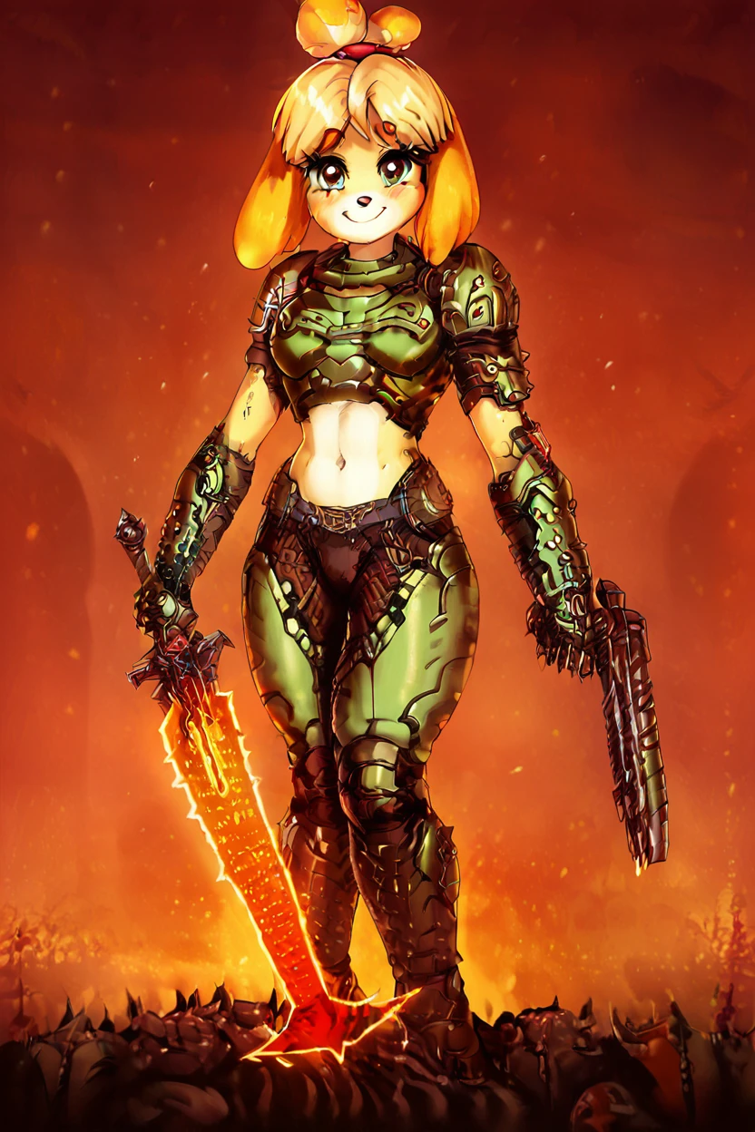 score_9, score_8_up, score_8, medium breasts, (curvy), cute, eyelashes,       BREAK, , ,,,   zzIsabelleDoom, brown eyes, topknot, dog ears, looking at viewer, smile, smirk, power armor, weapon over shoulder, power armor, energy sword, crucible (doom), science fiction, sunset, retro artstyle, poster (medium), movie poster, side view,  <lora:Isabelle_Doom_Slayer_PDXL:1.0>,   ,,,, BREAK, smile, closed mouth, looking at viewer, cowboy shot, ,,, embedding:zPDXL, Expressiveh, ,,, <lora:Puppypaww_Style_PDXL_v2:0.8>, <lora:SDXLFaeTastic2400:0.5>, <lora:Expressive_H-000001:0.4>,