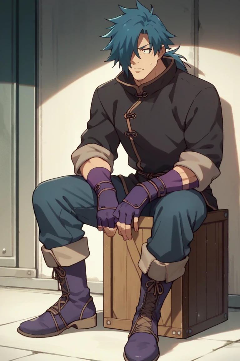 score_9, score_8_up, score_7_up, 1man, kinji,blue hair,hair over one eye,ponytail,high collar,purple gloves, fingerless gloves, pants, boots, long sleeve, sitting over crates