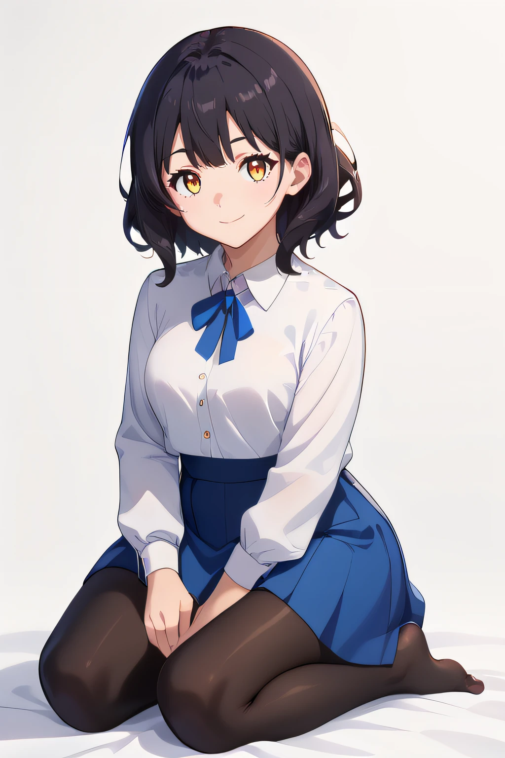 score_9, score_8_up, score_7_up, source_anime, rating_safe, intricate details, 1girl, <lora:PONY_Noelle:0.8>, noelle, black hair, amber eyes, thick thighs, <lora:Artoria_outfit:0.6>, collared shirt, blue ribbon, blue skirt, black pantyhose, feet, looking at viewer, smile, expressionless, simple background, kneeling, full body