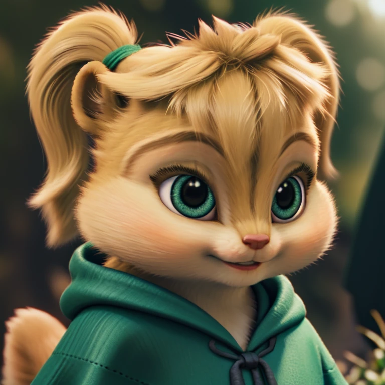 (slightly chubby)0.6, anthro chipmunk in green and black cloak upright, solo, fluffy light-blonde fur, light-blonde pigtails, cute, masterpiece, Ethereal, fantasy, intricate, elegant, mysterious, photorealistic, HDR, raytracing