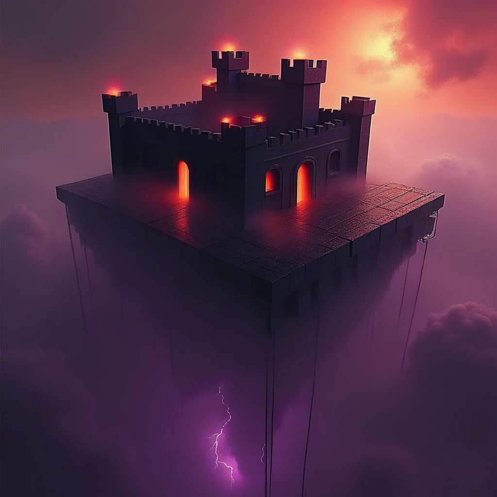 cpolldreamyfortress, cpolldfffitowd, floating fortress in the otherworld, otherworld, floating fortress, outdoor, orange sky, orange lightnings in sky, vivid purple mist, purple lightnings in vivid purple mist