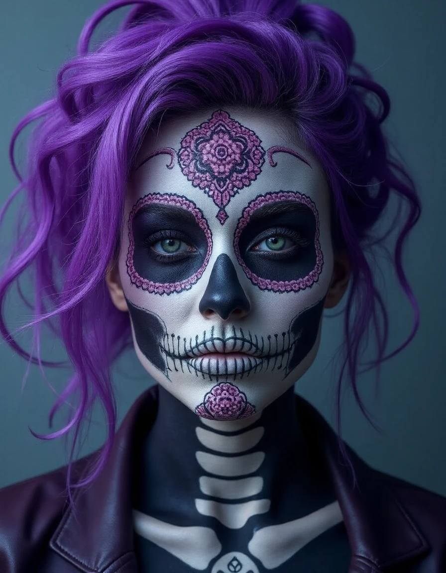 long shot scenic professional photograph of (masterpiece), 8k, very wide shot, volumetrics dtx, portrait, beautiful eyes, <lora:skullmakeup:1> skullmakeup, (dreadlocks:0.5) in a ponytail, (Violet head:1), vibrant colors, highly detailed, elegant and unique, gently swaying, mysterious and charming, realistic, details, very realistic, beautiful and vital,Ornate And Intricate, transparent, Photorealistic, Hyperrealistic, Hyperdetailed, analog style, soft lighting, subsurface scattering, realistic, heavy shadow, masterpiece, best quality, ultra realistic, 8k, golden ratio, Intricate, High Detail, film photography, soft focus, perfect viewpoint, highly detailed, wide-angle lens, hyper realistic, with dramatic sky, polarizing filter, natural lighting, vivid colors, everything in sharp focus, HDR, UHD, 64K