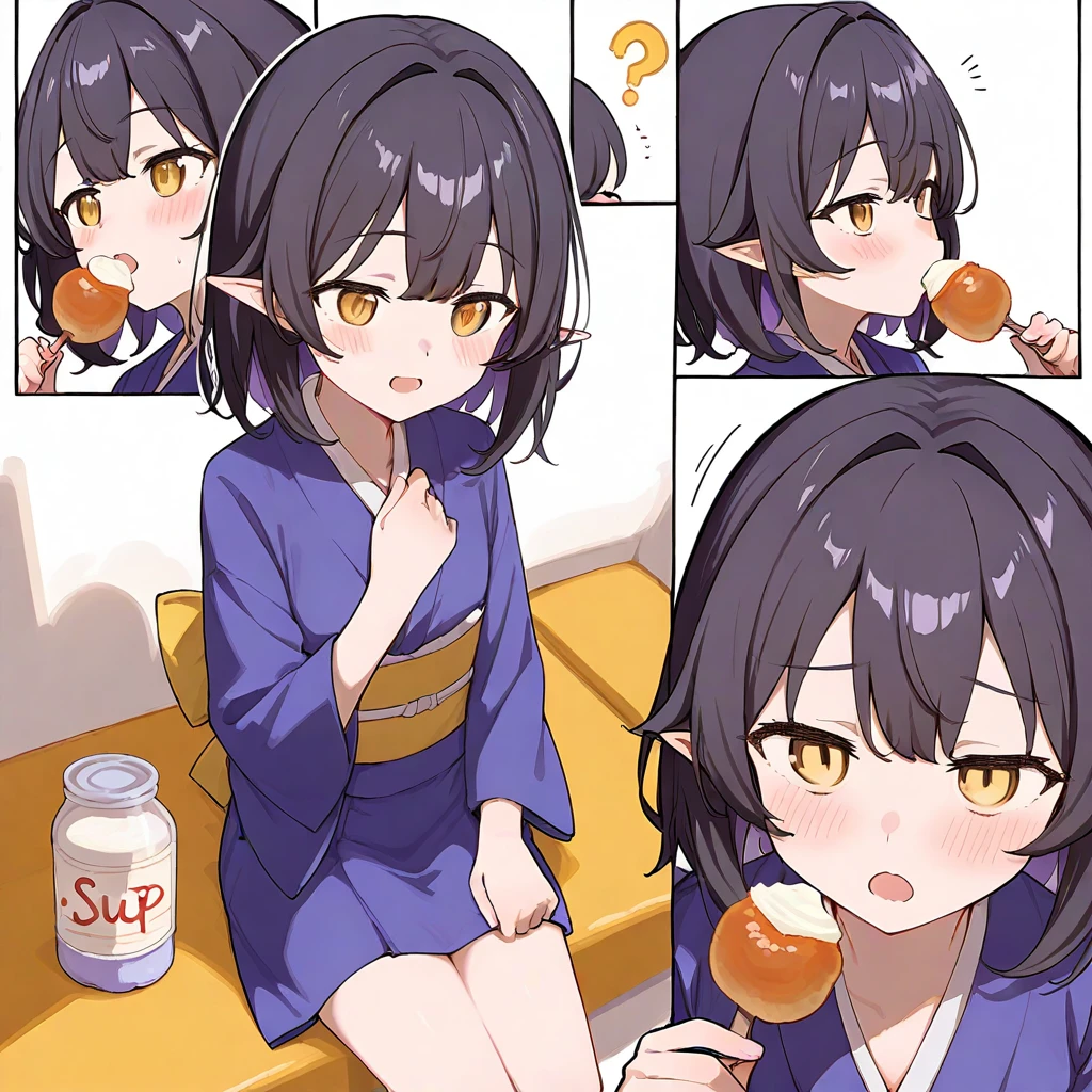 yellow eyes, black hair, medium hair,
japanese clothes,
sitting, dawn, holding food, open mouth, 
1girl, solo,
shironekokfp, shimadouma, aumann, comic, 
score_9, score_8_up, score_7_up, score_6_up,
(masterpiece:1.2), (best quality:1.2), (very aesthetic:1.2), (absurdres:1.2), (detailed background), (extremely detailed), newest,
official art,