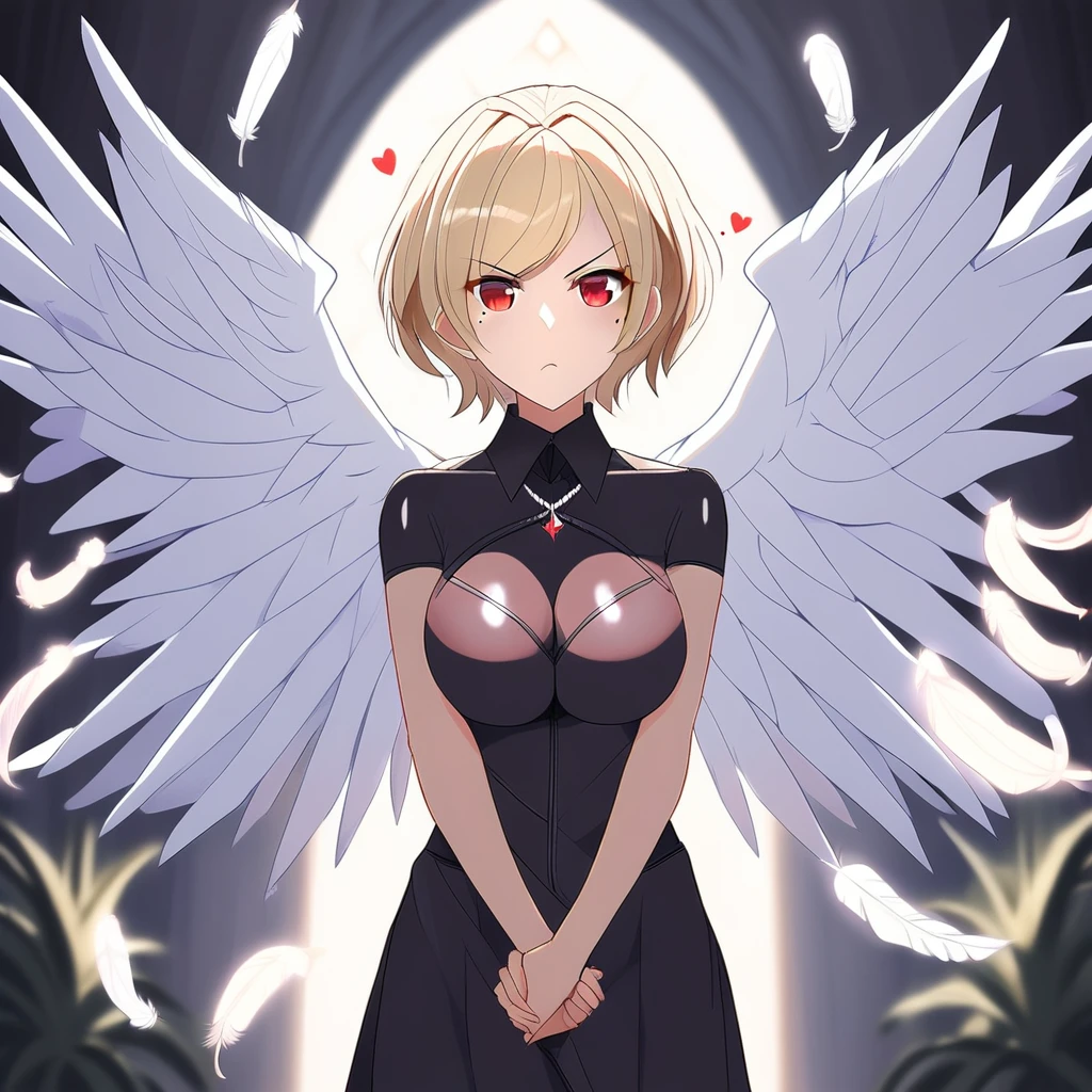 gr1seld4qu4rt4, Griselda Quarta, Griselda Quarta (high school dxd), blonde hair, shirt, halter dress, standing, sword, feathered wings, own hands together, feathers, facing viewer, shiny clothes, black bodysuit, blurry, heart, white wings, red eyes, hand up, v-shaped eyebrows, cleavage, backlighting, cloud, barefoot, collared shirt, multiple wings, plant, mole under eye, bare arms, necklace, black skirt, swept bangs