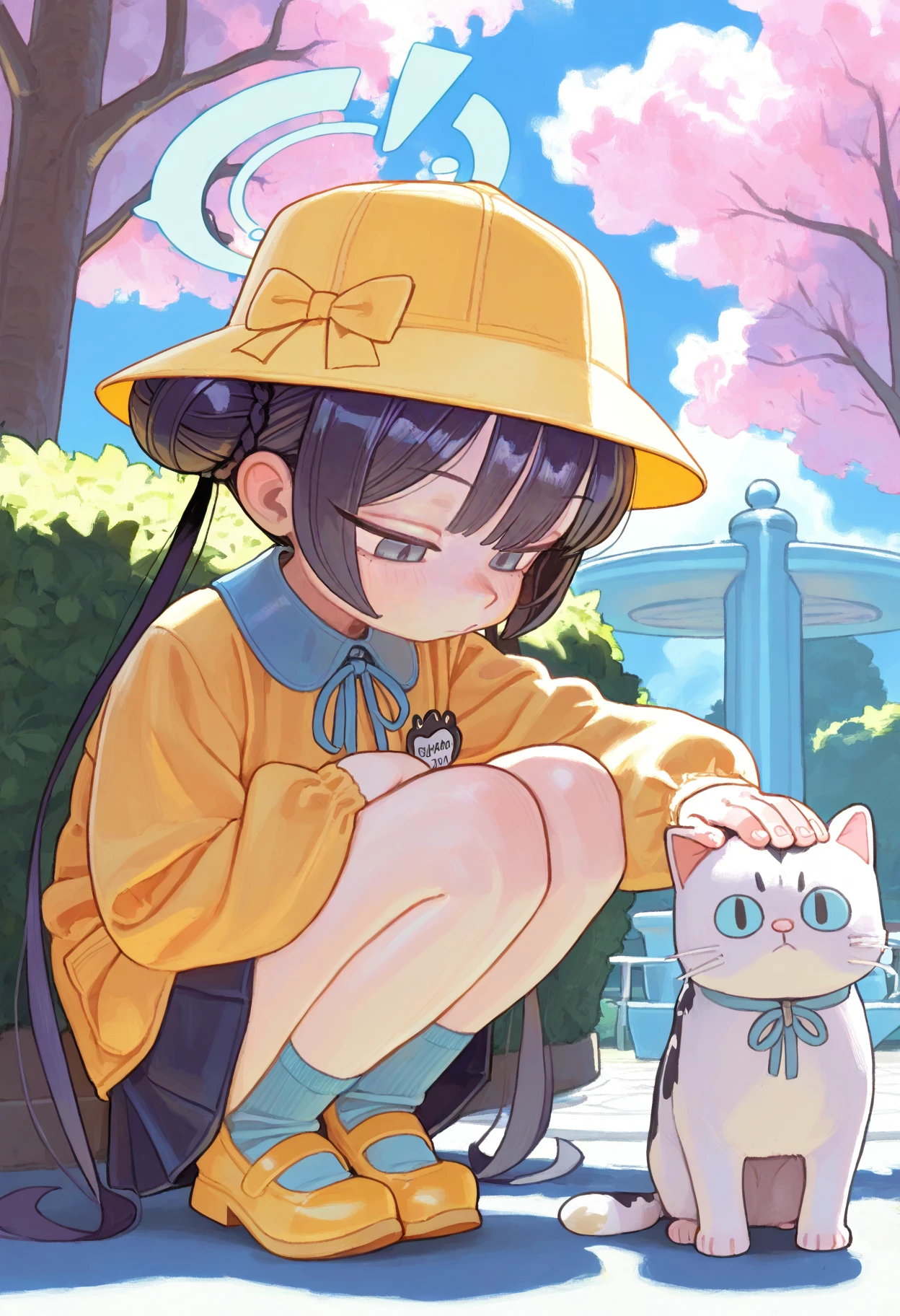 (wamudraws, opossumachine:0.8), (fkey, healthyman:0.6), 1girl, solo, kisaki \(kindergarten uniform\) \(blue archive\), halo, yellow hat, name tag, expressionless, squatting, looking down, petting cat, outdoors, park, masterpiece, best quality, paste colors, pastel theme, kawaii colors, faded