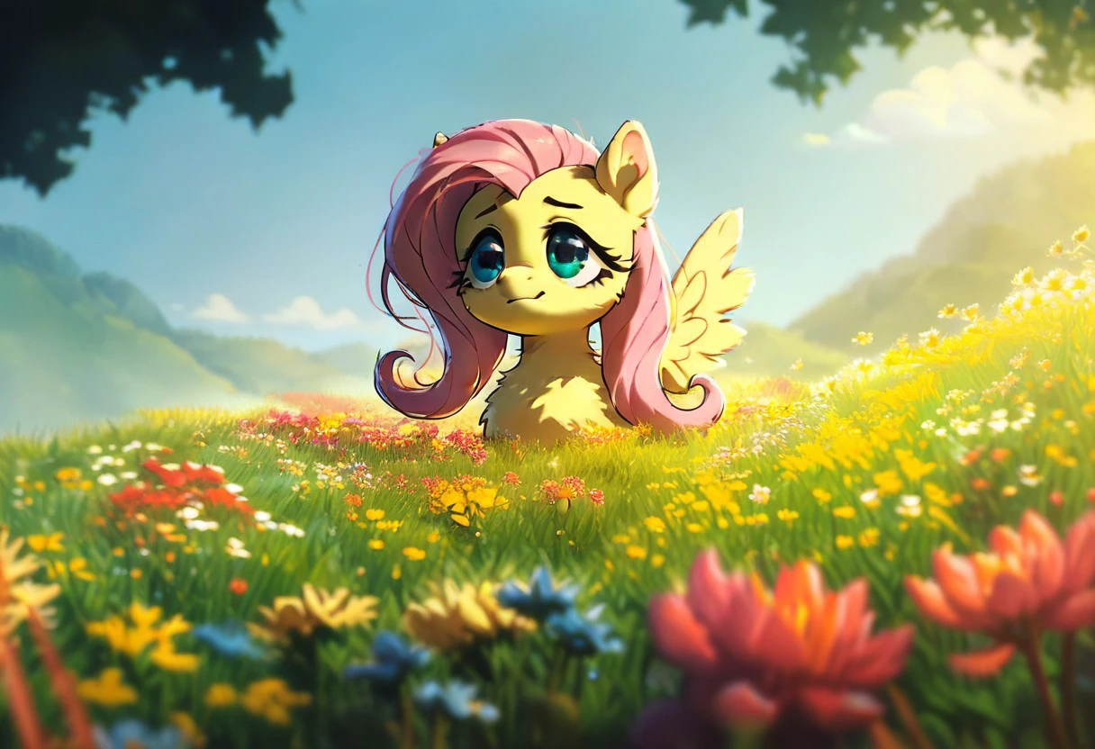 Score_9, score_8_up, score_7_up, score_6_up, score_5_up, score_4_up, hres, flower field, blurry foreground, fluttershy