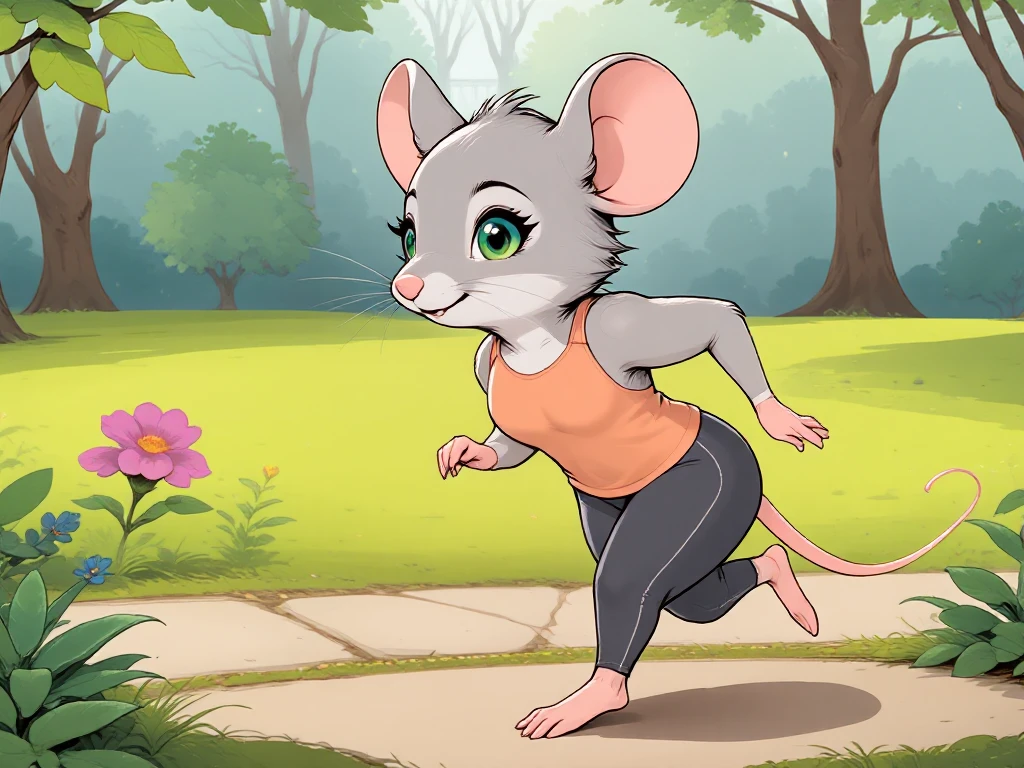 (simple 90ies cartoon style, flat colors:1.15), (whiskers of a mouse:0.8)

sports mouse is sporting outfit running in the park, tight yoga pants, side view.

(green eyes, blue hair ornaments, short grey hair:1.05)

(grey anthro mouse lady, grey fur, furry, cute big eyes, small waist, full body view, big breasts, mature lady.:0.87)

(abstract outer space, earth, moon, sun, stars, nebula:0.5)