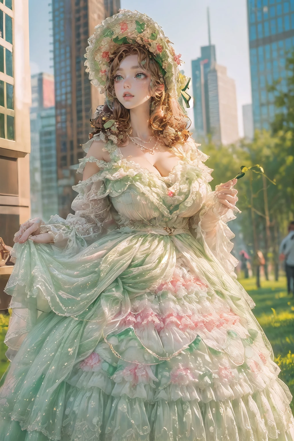 (masterpiece, best quality:1.2),illustration,8k,hd,1girl,solo,brown hair,long hair,cowboy shot,
llfm,hair ornament,white dress,frills,lace-trimmed dress,jewelry,pearl necklace,bonnet,off shoulder,green ribbon,
(collarbone:1.2),large breasts,saggy breasts,(cleavage:1.2),extremely detailed dress,(outdoors,skyscraper:1.5),