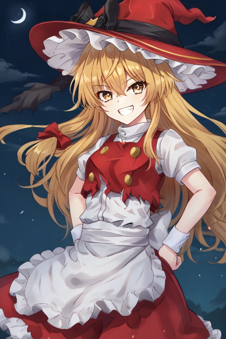 1girl, solo, marisawosd, blonde hair, long hair, yellow eyes, witch hat, hair bow, hat bow, white shirt, short sleeves, puffy sleeves, red vest, torn vest, buttons, wrist cuffs, waist apron, red skirt, standing, hands on hips, smile, grin, sky, night