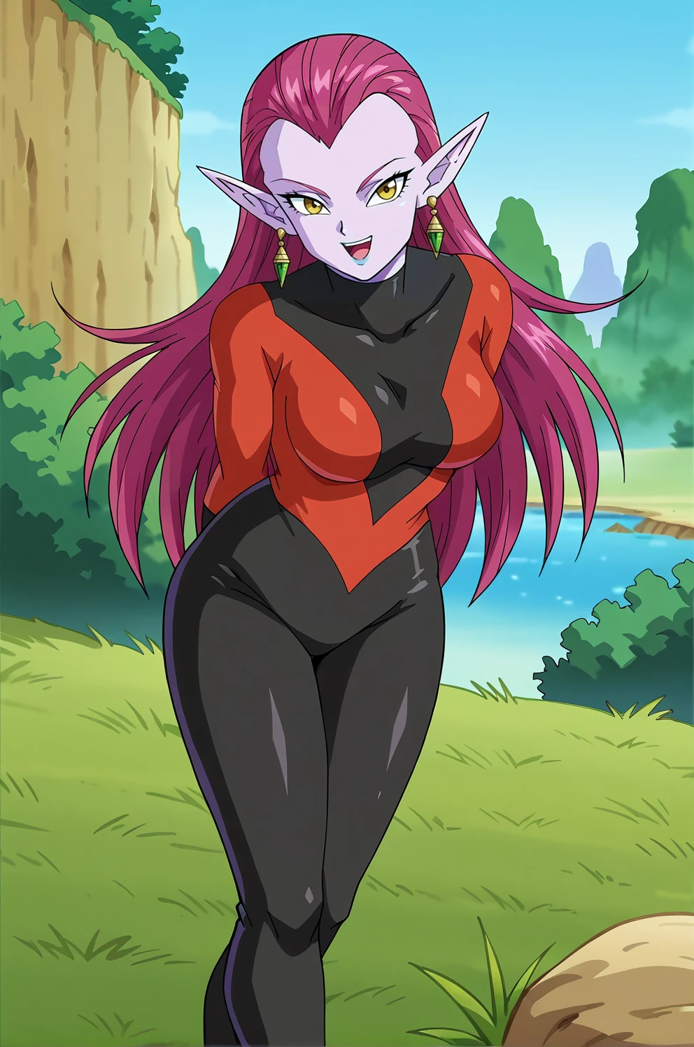 score_9, score_7_up BREAK anime screencap, cocotte,1girl, cowboy shot, purple hair,purple skin, yellow eyes, long hair,green earrings,hair slicked back,pointy ears, two-tone bodysuit, red bodysuit, (black bodysuit), arms behind back, contrapposto, smile, open mouth, leaning forward, (from side:0.8), mount paozu,thin mountain, bush, grass, cliff, river, blue sky,looking at viewer, medium breasts,blue lips,black plunging neckline,    <lora:CocottePony:1> <lora:MountPaozuPony:1>