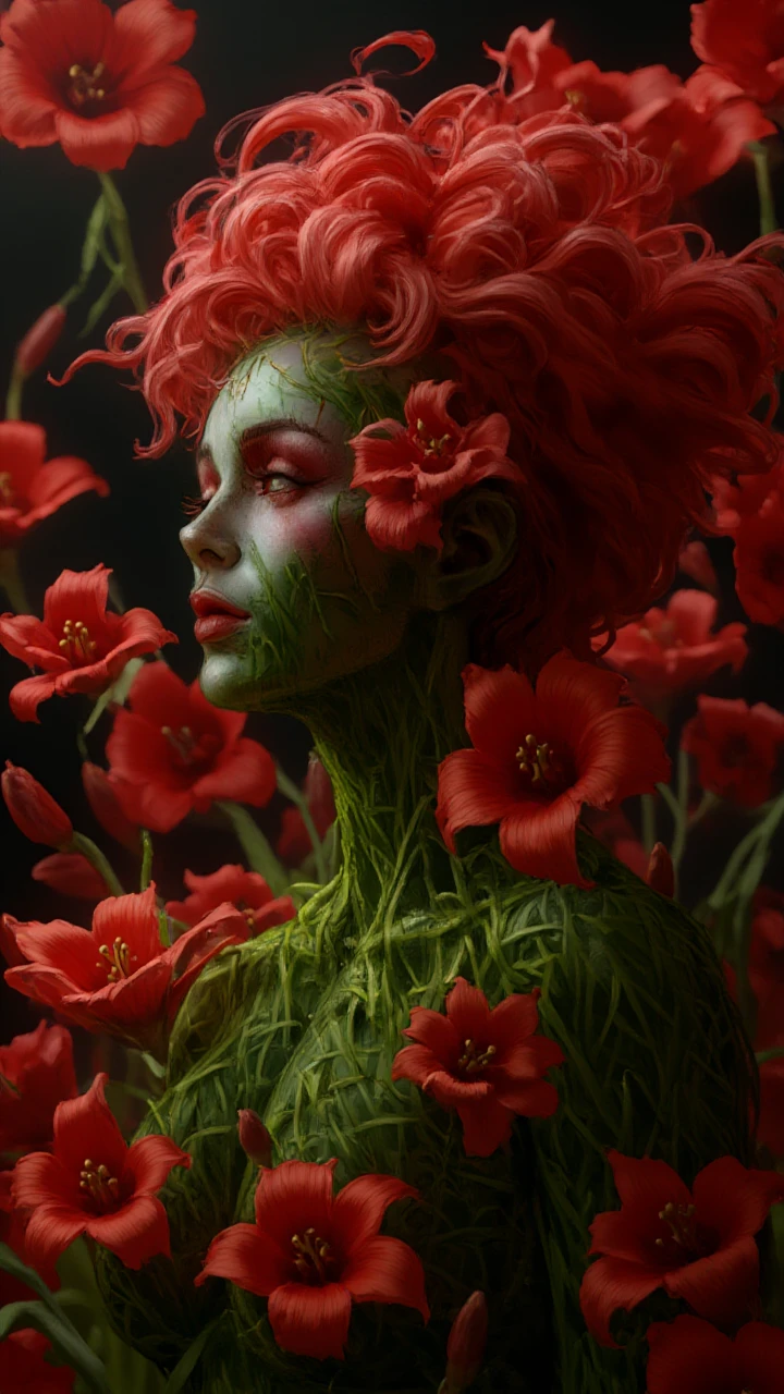 Close up shot of a figure completely made of grass and red flowers in female form, full body zoomed in, ultra sharp focus photo, 3d render, architecture, dark fantasy, vibrant (photography, high-resolution, dynamic, energetic,hyper-realistic, dramatic lighting, shallow depth of field.)