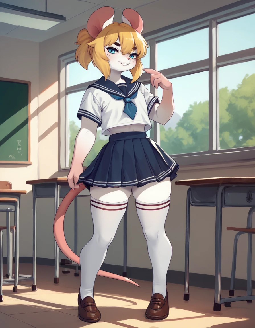 score_8,score_8_up,score_7_up,solo,
classroom,
Marvin,solo,animal ears,blonde hair,furry,mouse ears,mouse tail,blue eyes,short hair,ponytail,buck teeth,bangs,
full body,seductive smile,long eyelashes,seductive glaze,
school uniform,standing, thighhighs, 
<lora:Marvin_04_PDXL:1>,
<lora:add-detail-xl:1>,