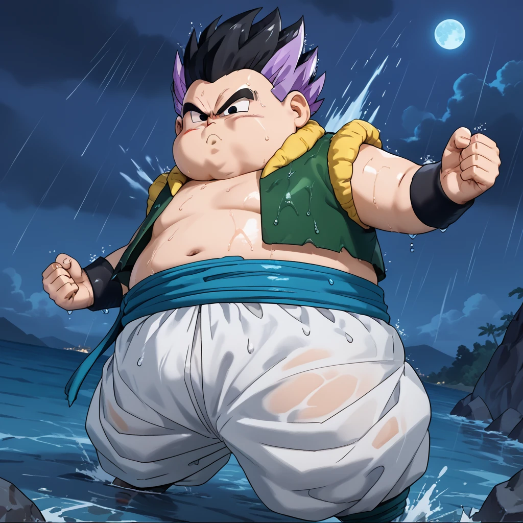 4k, masterpiece, highres, night, 1boy, dutch angle, <lora:gotenks-v1:0.8> dbzgotenks, two-tone hair, overweight, plump, metamoran vest, baggy pants, sash, black wristband, flying, rain, wet clothes, wet, ocean, from below, annoyed, night sky, storm, clenched hands, hands_to_the_side, destruction, looking at viewer,, score_9, score_8_up, score_7_up, score_6_up, score_5_up, score_4_up