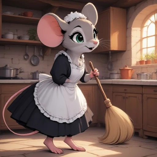 A female mouse wearing a maid outfit sweeping a broom in a kitchen