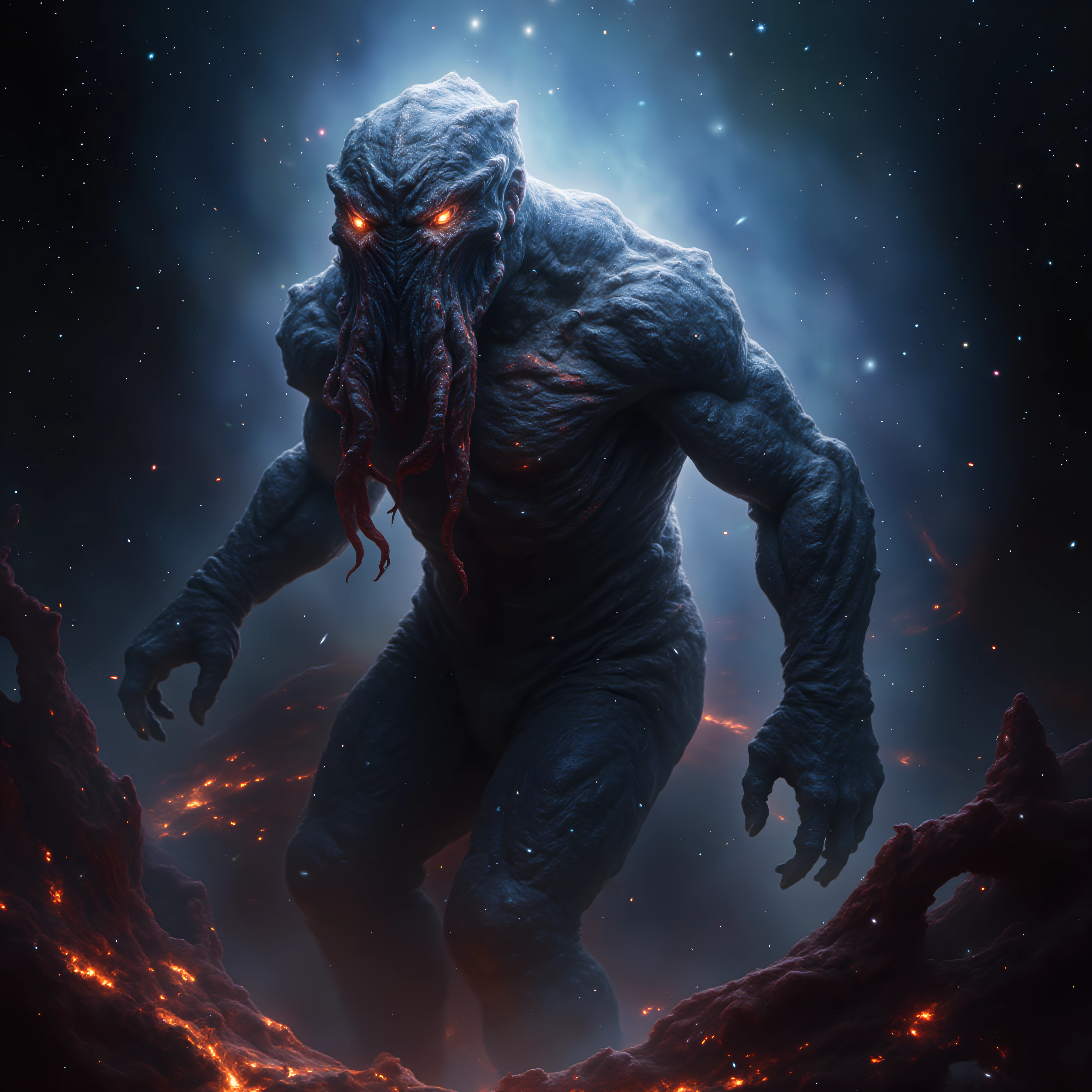 eldritch, A colossal old god similar to Cthulhu in the dark void of space. The entity has a humanoid form, covered in dark, slimy scales, with a head adorned with writhing tentacles and glowing, malevolent eyes. Its presence warps the fabric of space around it, creating a sense of dread and unease. Unnatural colors and eerie lighting cast grotesque shadows, making the scene even more horrifying.