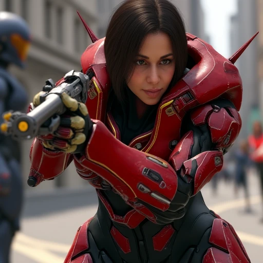 providing a futuristic, ready to fire., covered in a glossy red and black color scheme with gold accents, red and black armored suit with advanced, curved design, pointing a futuristic weapon, and realistic depiction of a woman in a futuristic armor suit. The woman has a serious expression, featuring a mix of smooth