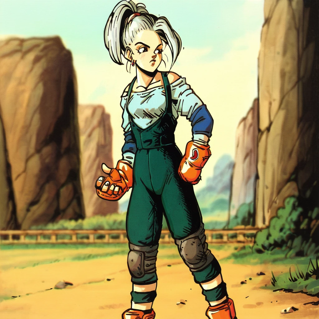 score_9, score_8_up, score_7_up, score_6_up, <lora:Epon_Tobal_-_PonyXL:1> solo, 1girl, epon, grey hair, standing, default outfit, dark green overalls, ponytail, elbow pads, earrings, orange gloves, grey shirt, blue elbow pads, fingerless gloves, knee pads, orange footwear, retro artstyle,, face focus