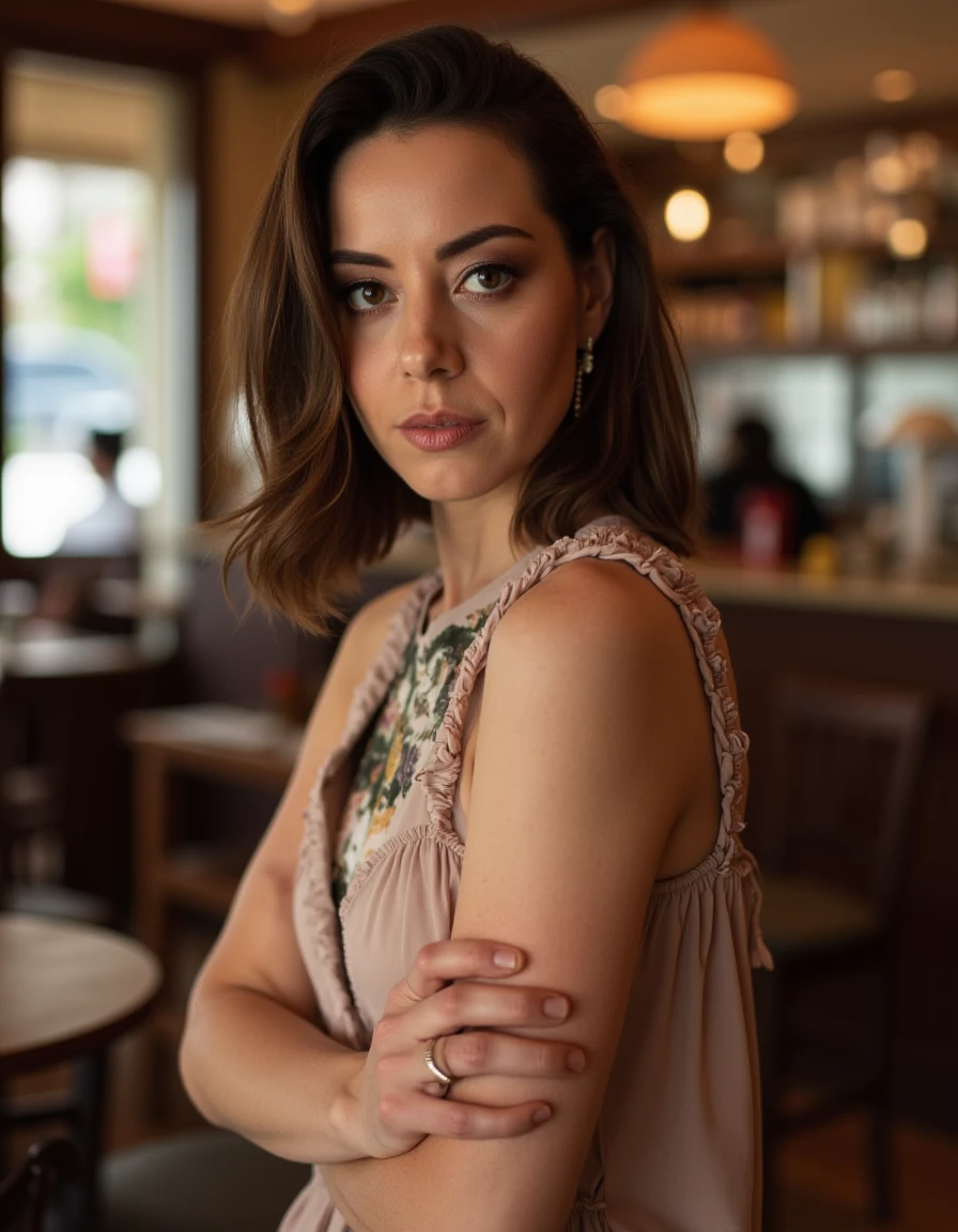 <lora:Aubrey_Plaza_Flux:1> beautiful detailed photograph, Shoulder length brown hair,  makeup, wearing a dress, standing in cafe looking at the viewer