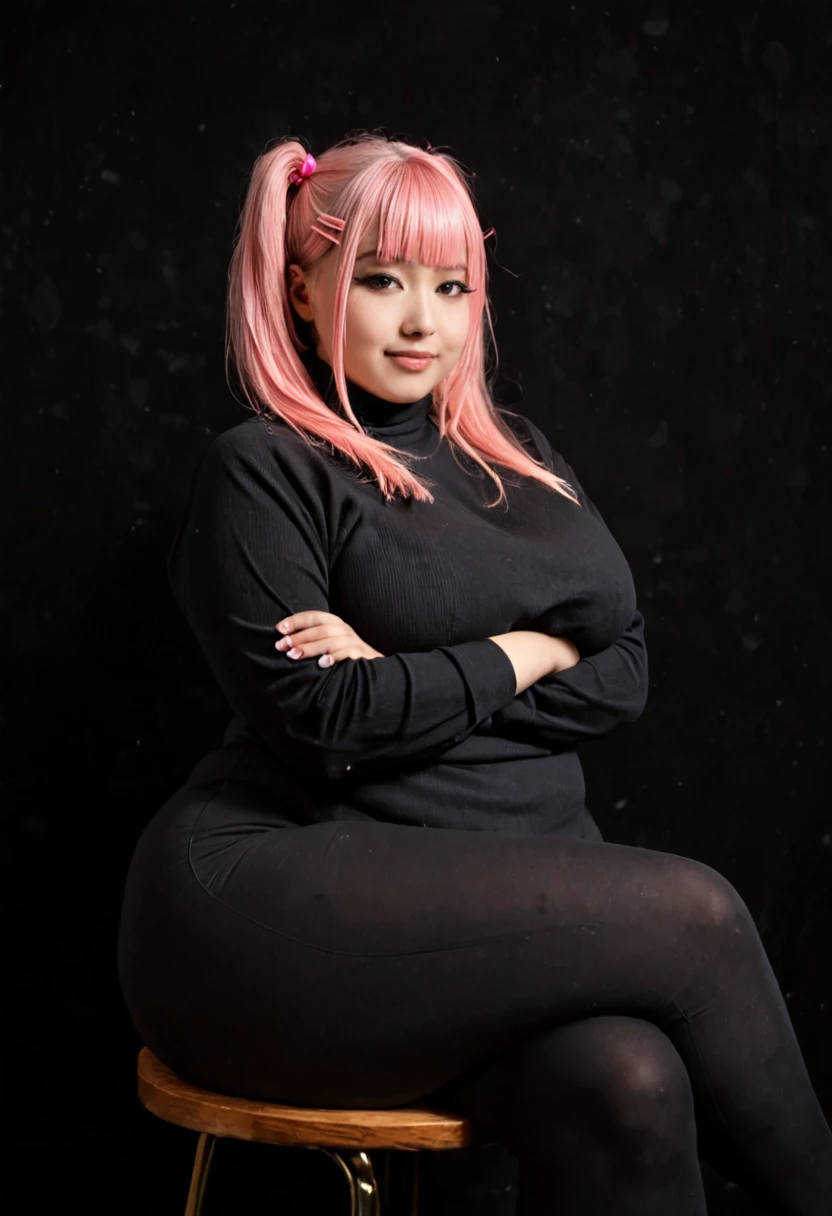 score_9, score_8_up, score_7_up, rating_safe, realistic, 1girl, namiswanbb, looking at viewer, gigantic breasts, pubic hair, plump, obese, curvy, huge ass, thick thighs, pink hairclip, pink hair, twintails, blunt bangs, light smile, wide hips, makeup, squinting,
black background, gold accents, tattoo, black yoga pants, black turtleneck sweater, long sleeves, arms crossed, covered belly, sitting, (crossed legs), 
<lora:namiswanbb_by_Aixplosion_for_Pony_Onlyfans_Chubby__BBW:1>