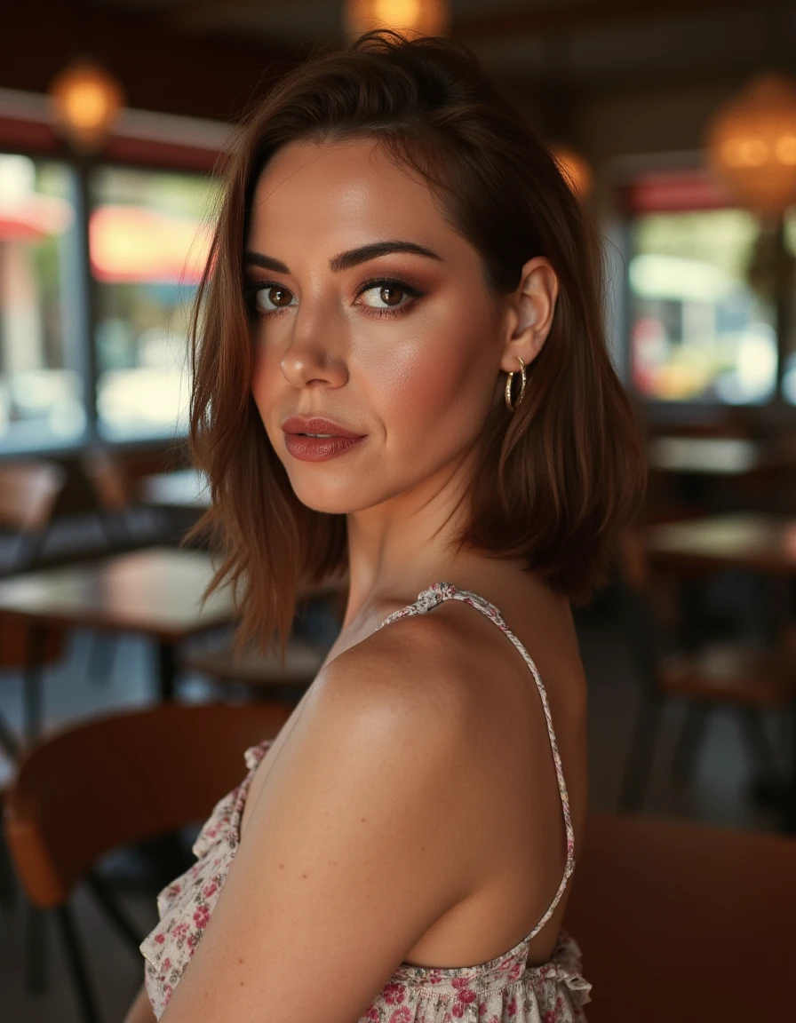 <lora:Aubrey_Plaza_Flux:1> beautiful detailed photograph, Shoulder length brown hair,  makeup, wearing a dress, standing in cafe looking at the viewer