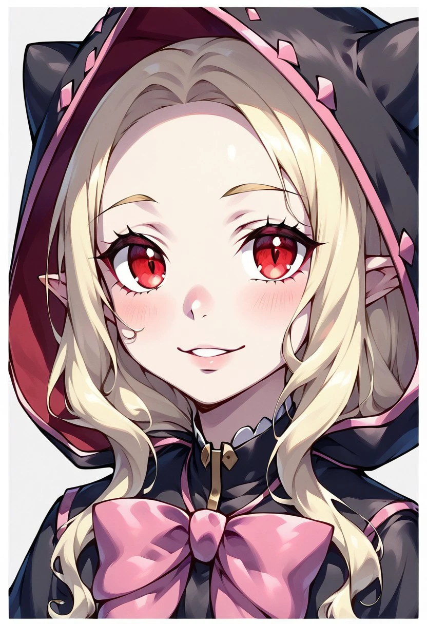 score_9, score_8_up, score_7_up, 
3lm3nh1ld3k4rnst31n,Elmenhilde Karnstein,
 1girl, solo, long hair, looking at viewer, smile, blonde hair, red eyes, bow, white hair, parted lips, pointy ears, hood, bowtie, border, pink bow, portrait, hood up